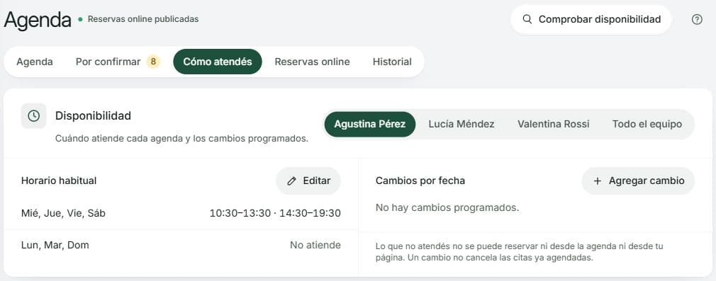 Disponibilidad de Agustina, con franjas del horario habitual, días sin atención y acceso a Editar o Agregar cambio.