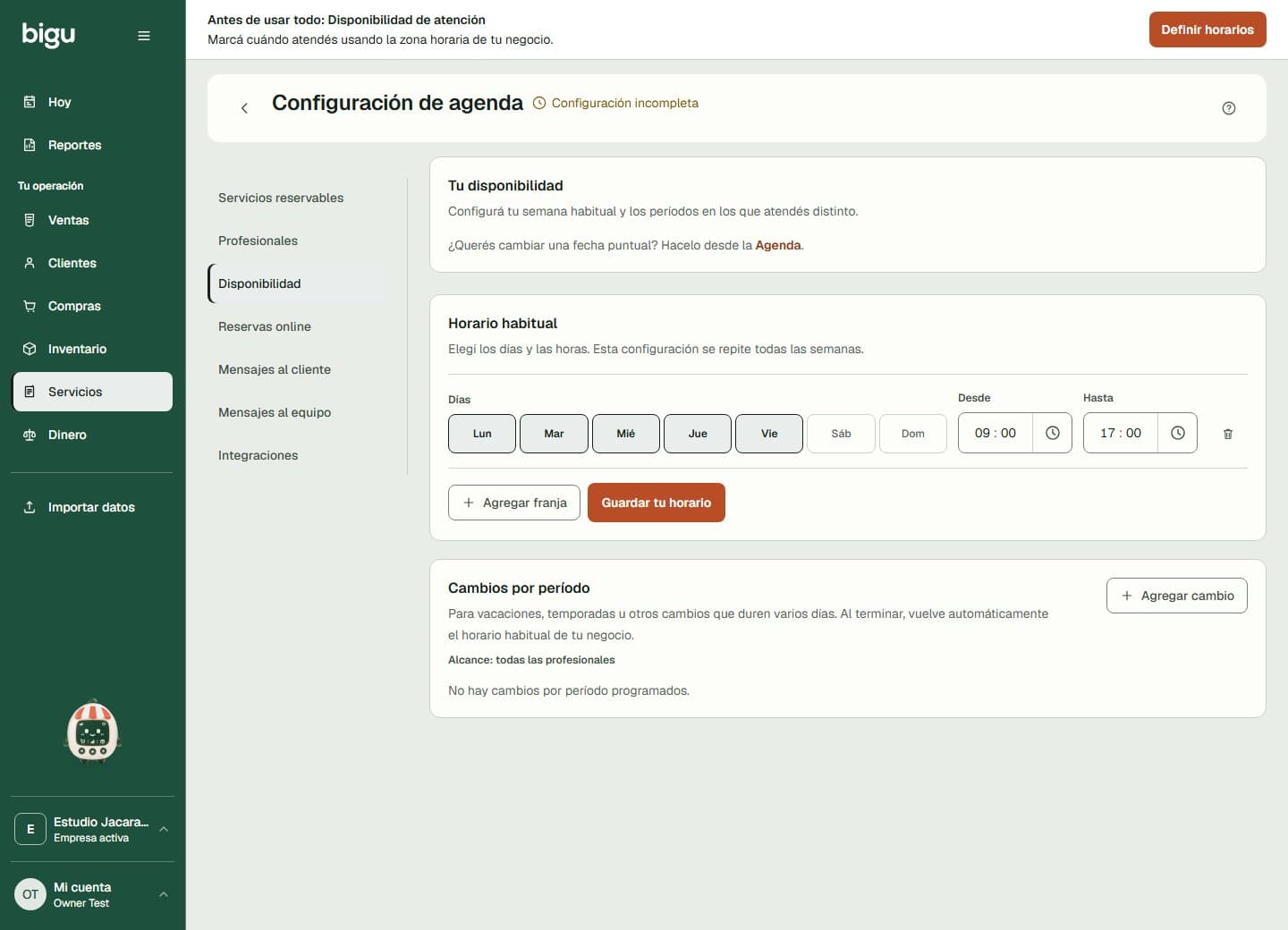 Días y franjas del horario habitual antes de guardar la disponibilidad.