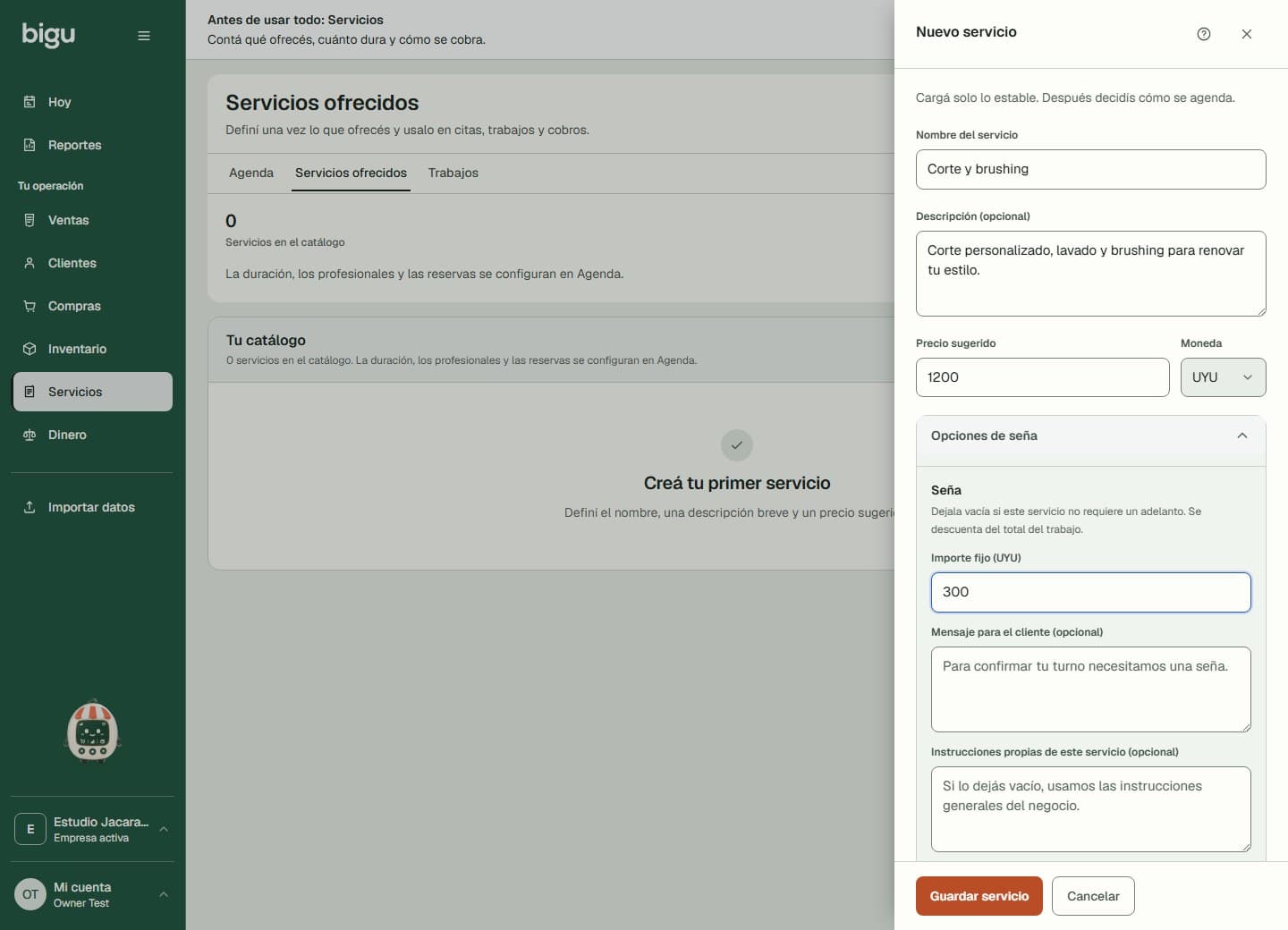 Creación del primer servicio con descripción, precio sugerido y opciones de seña.