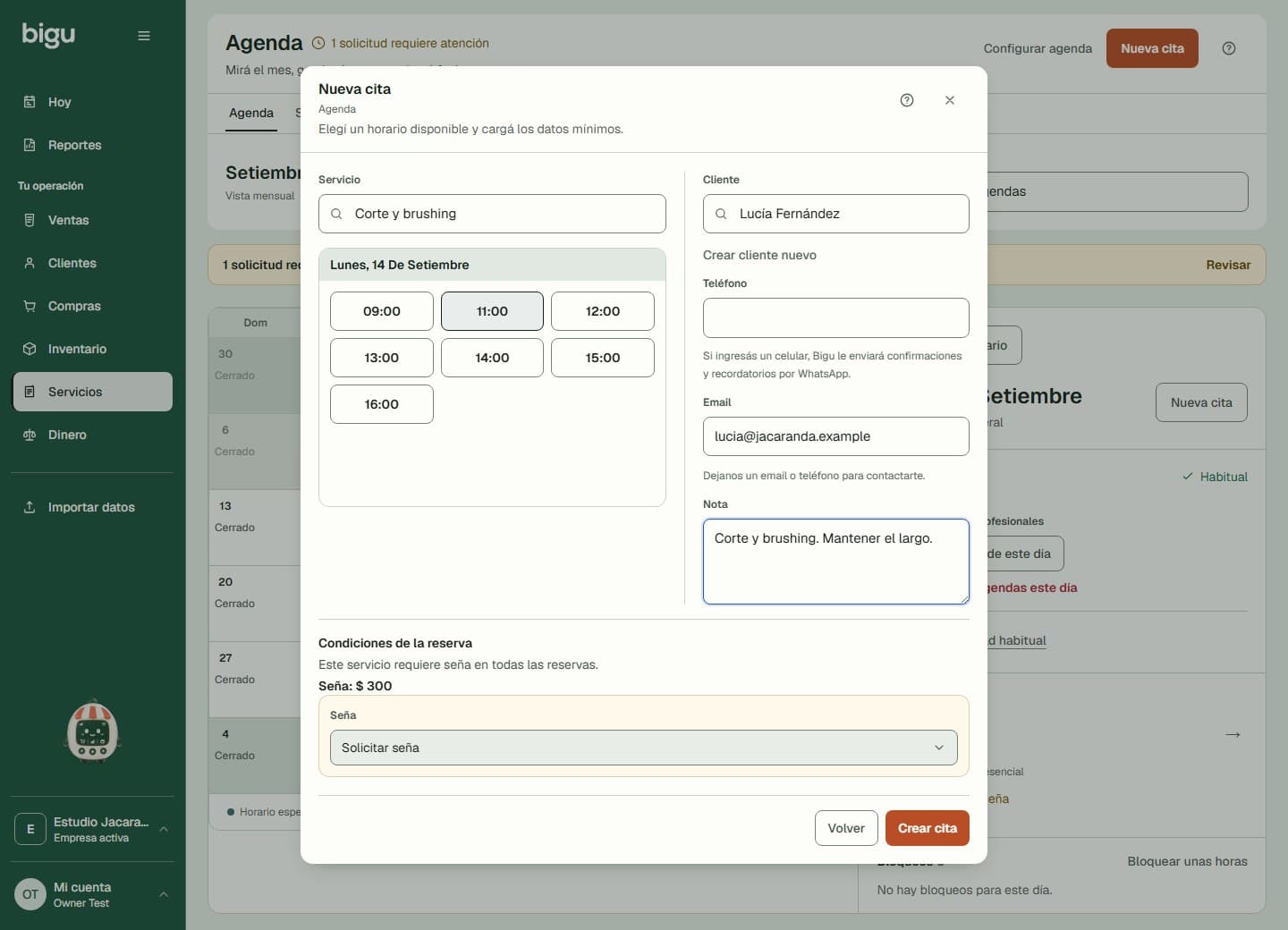 Formulario de nueva cita con servicio, horario, cliente y condición de seña.