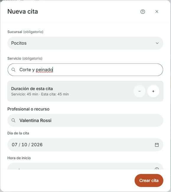 Nueva cita en Pocitos con Corte y peinado, duración de 45 minutos, profesional Valentina Rossi y día de la cita.