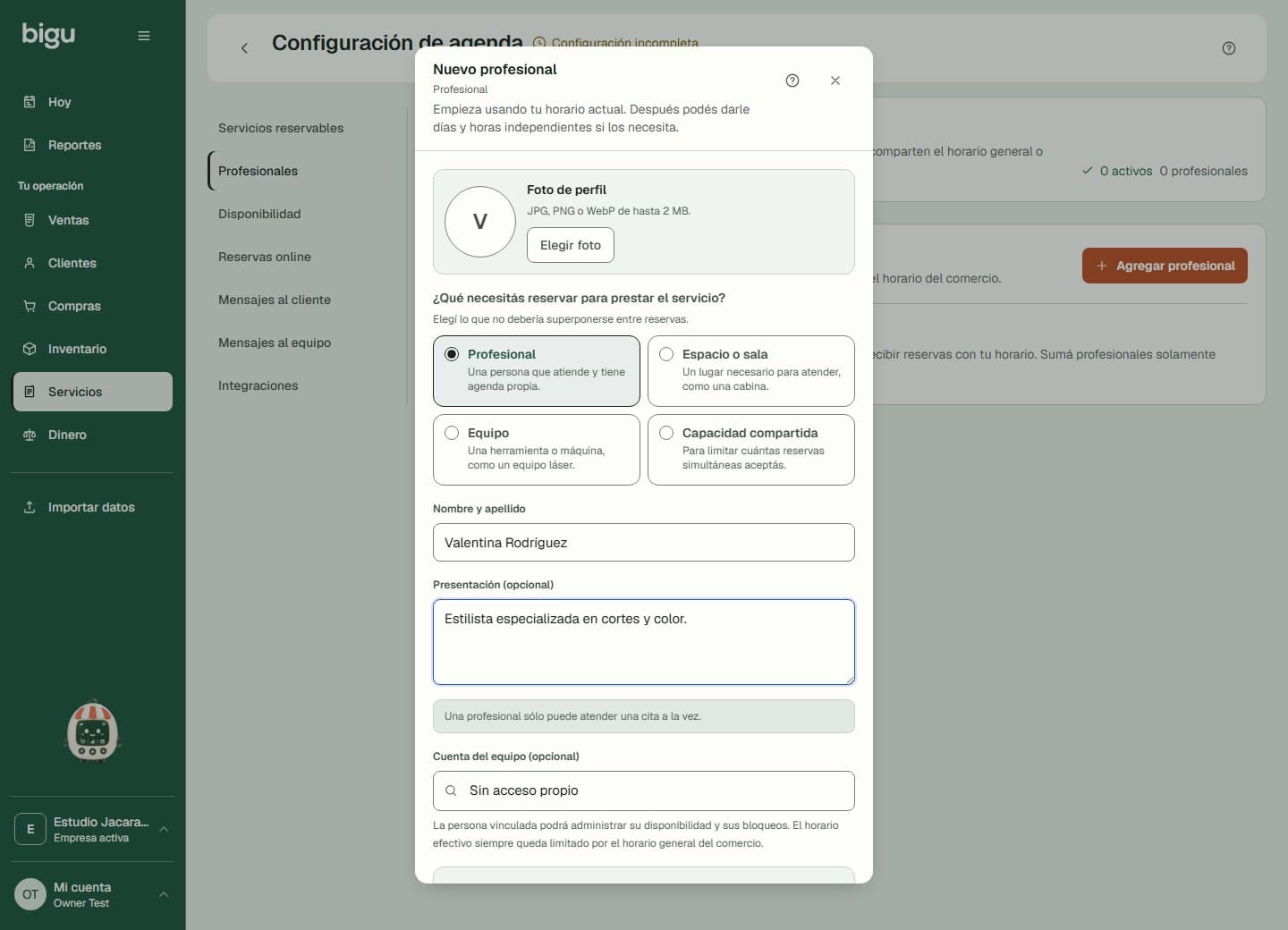 Formulario de un profesional con sus datos y relación con una cuenta del equipo.