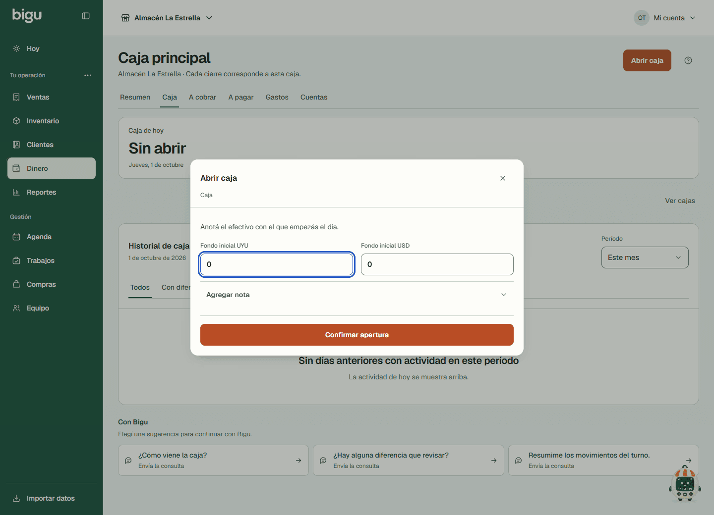 Abrir caja con el fondo inicial en UYU y USD, Agregar nota y Confirmar apertura.