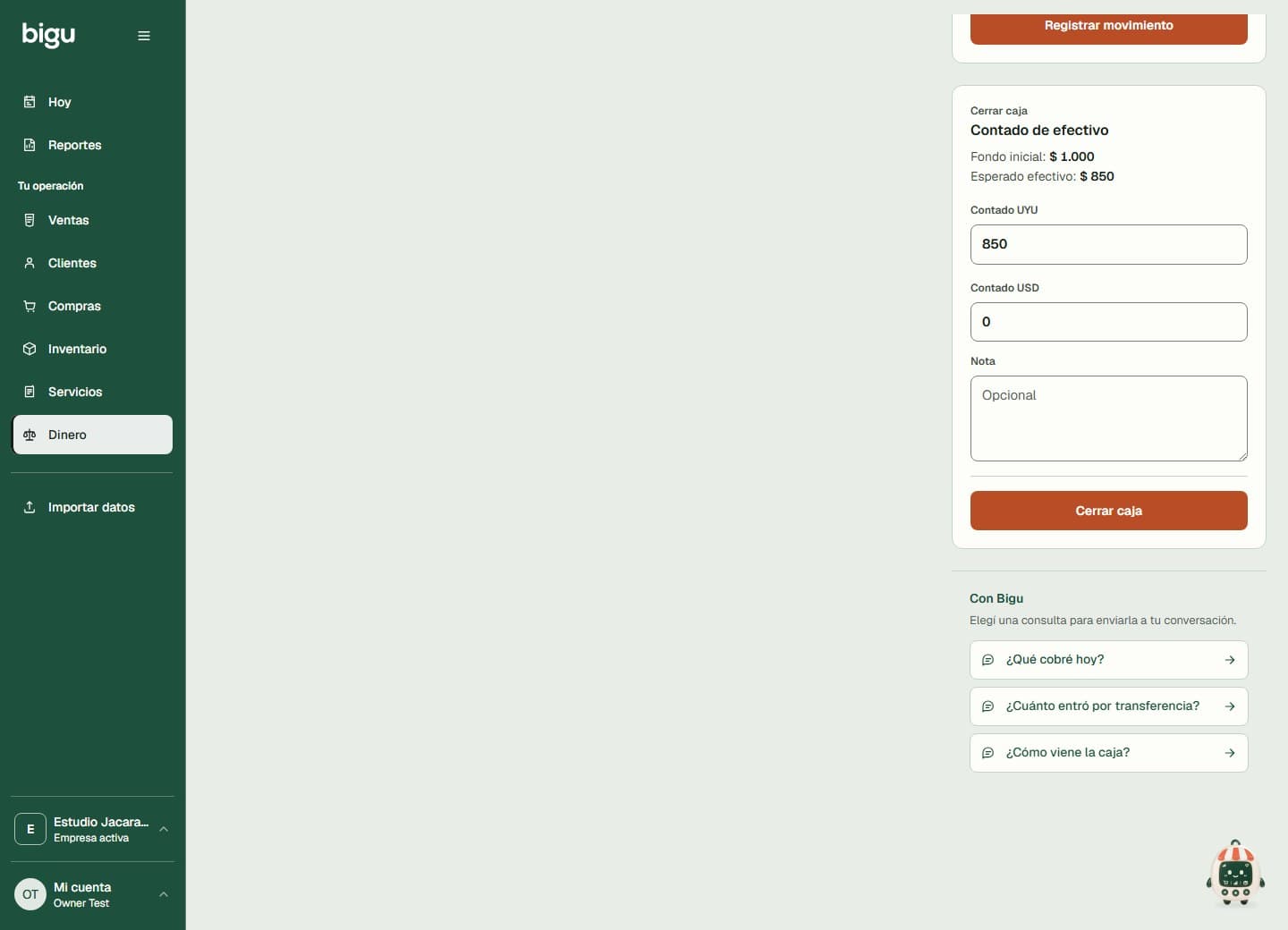 Cierre de Caja con efectivo contado, importe esperado y diferencia.