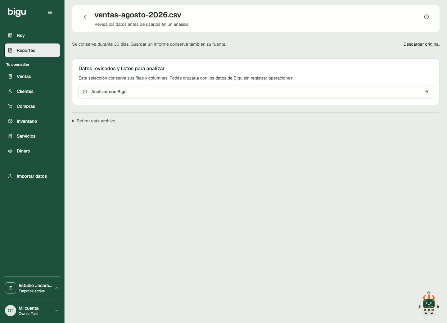 Archivo de ventas con la selección revisada y el botón Analizar con Bigu, listo para iniciar una consulta sobre sus datos.