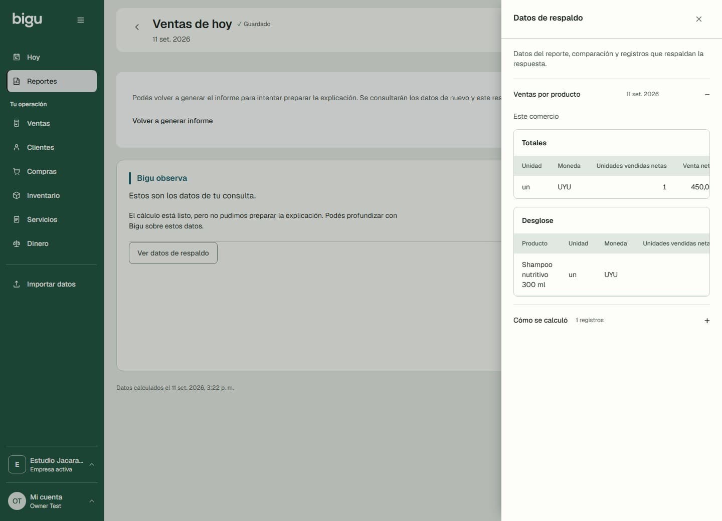 Panel Datos de respaldo con tablas de totales y desglose, y la sección Cómo se calculó para consultar los registros.