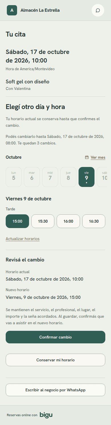 Revisión del cambio desde el celular: horario actual, nuevo horario, condiciones que se conservan y opciones Confirmar cambio o Conservar mi horario.