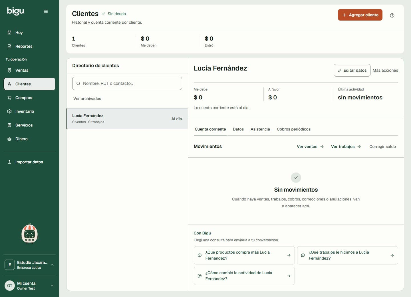 Ficha de cliente con sus datos, cuenta corriente y acceso al historial.