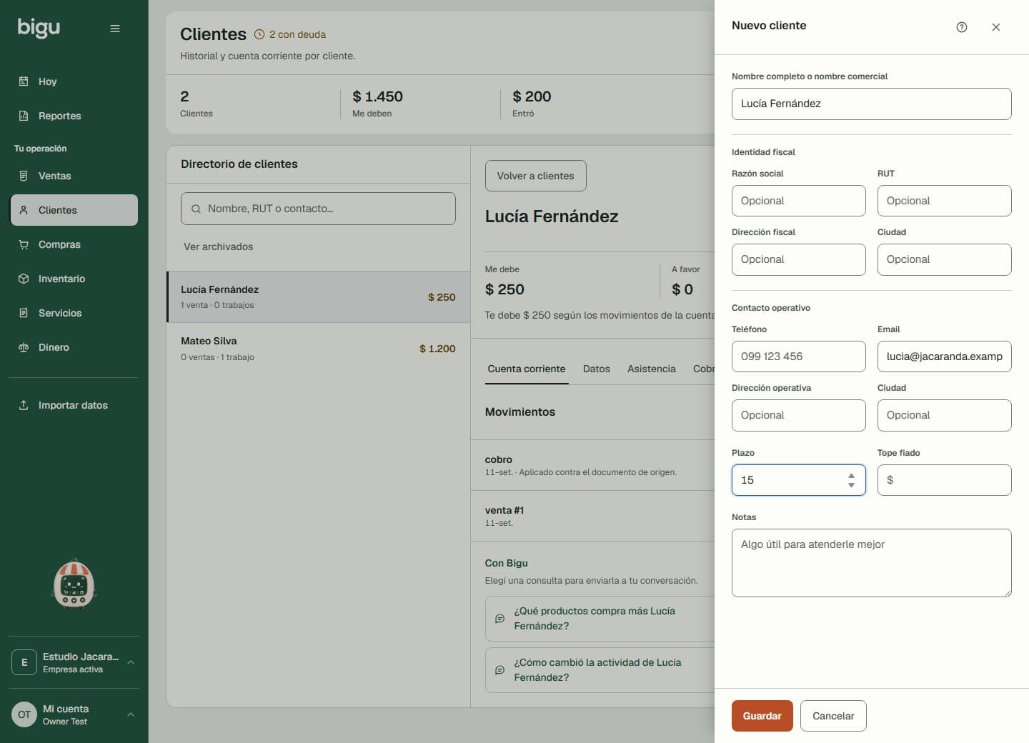 Nuevo cliente con datos de identidad, contacto y condiciones comerciales.