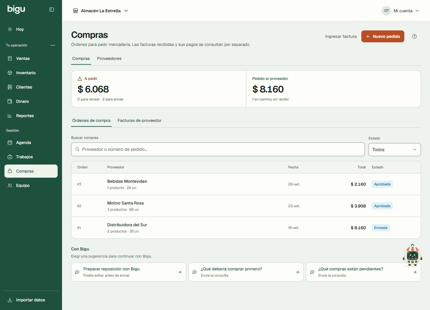 Listado de compras para consultar las órdenes del negocio.