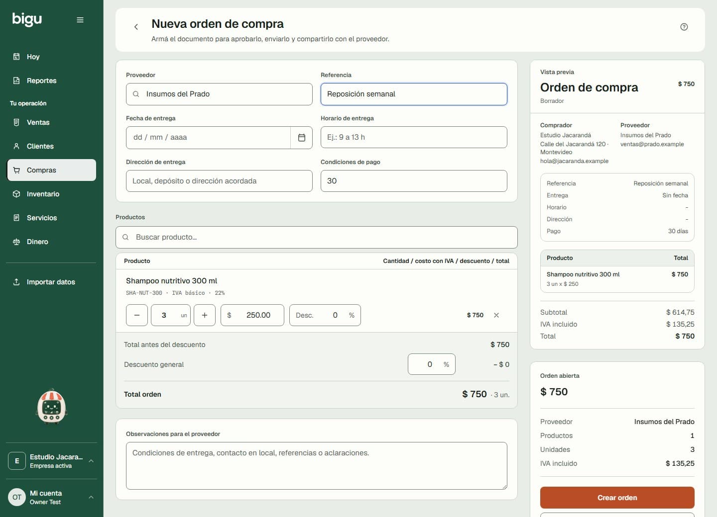 Nueva orden de compra con proveedor, productos, cantidades y costos antes de crear.