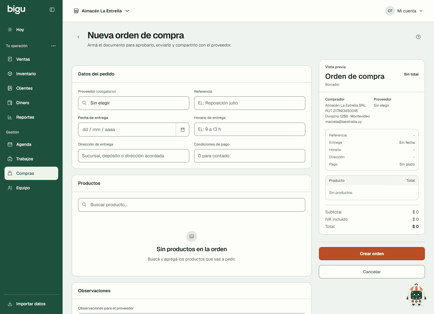 Nueva compra con proveedor, productos, cantidades y costos antes de crear.