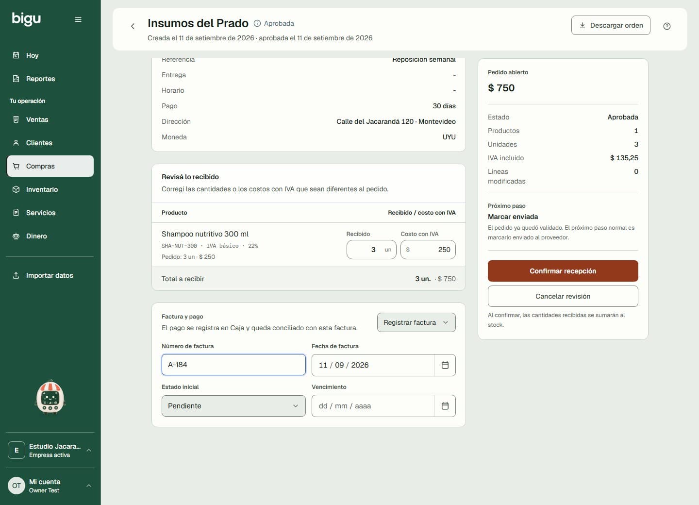 Recepción de compra con cantidades recibidas y datos de factura y pago.