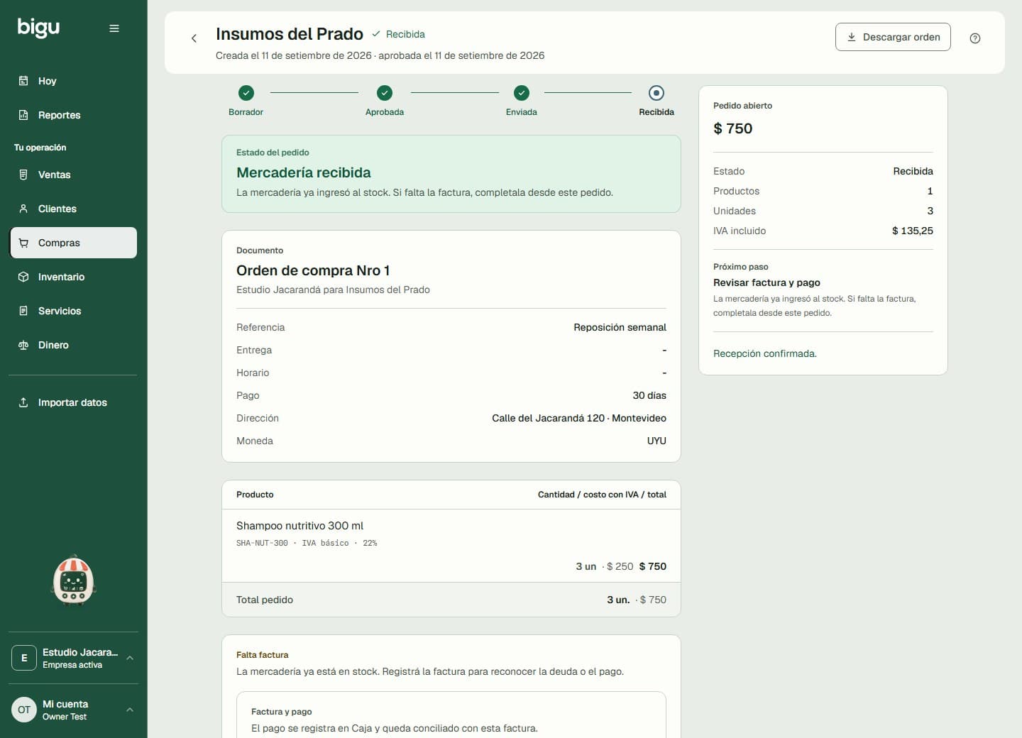 Compra recibida con el pendiente Falta factura para completar el documento después.