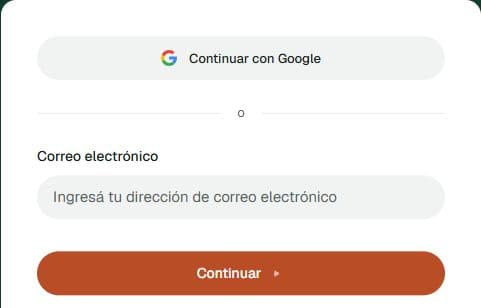 Formulario para continuar con Google o ingresar tu correo electrónico y elegir Continuar.