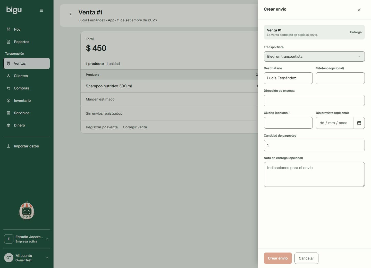 Crear envío desde una venta con destinatario, dirección, transportista y paquetes.