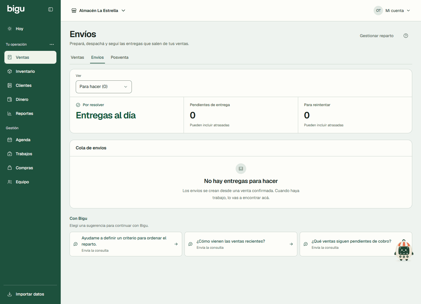 Página de Envíos para consultar las entregas del negocio.