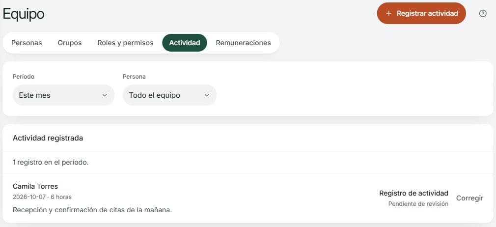 Actividad de Camila Torres: seis horas registradas con una nota, estado Pendiente de revisión y acción Corregir.