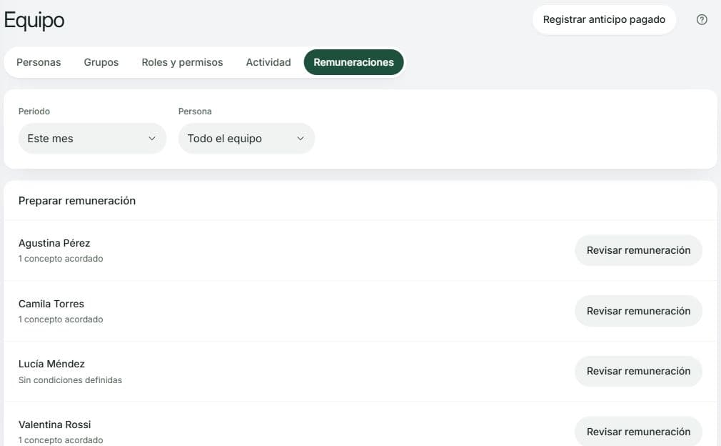Preparar remuneración muestra las condiciones de cada persona y su botón Revisar remuneración, con filtros de período y persona.