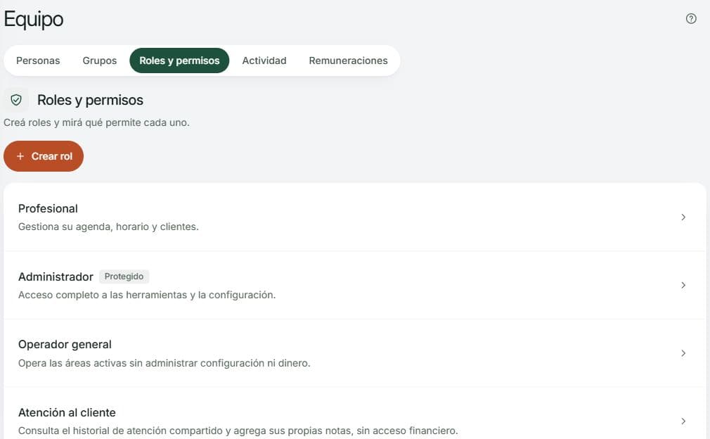 Roles y permisos del equipo, con Crear rol y el alcance resumido de los roles existentes.