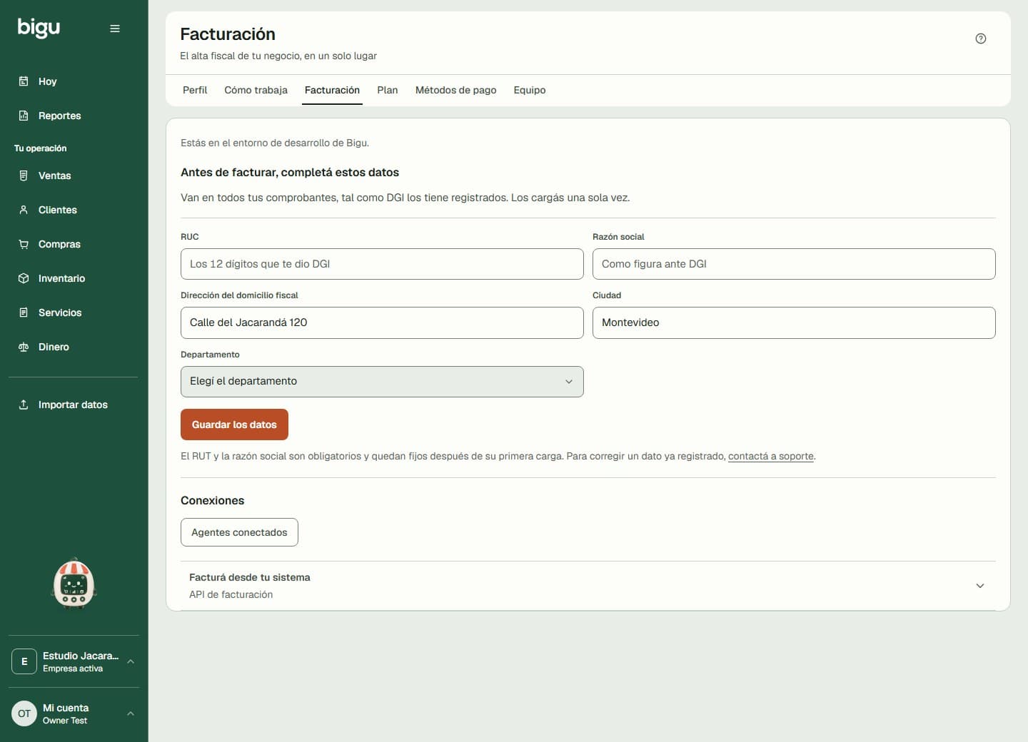 Facturación solicita la identidad fiscal y el domicilio antes de preparar el emisor.