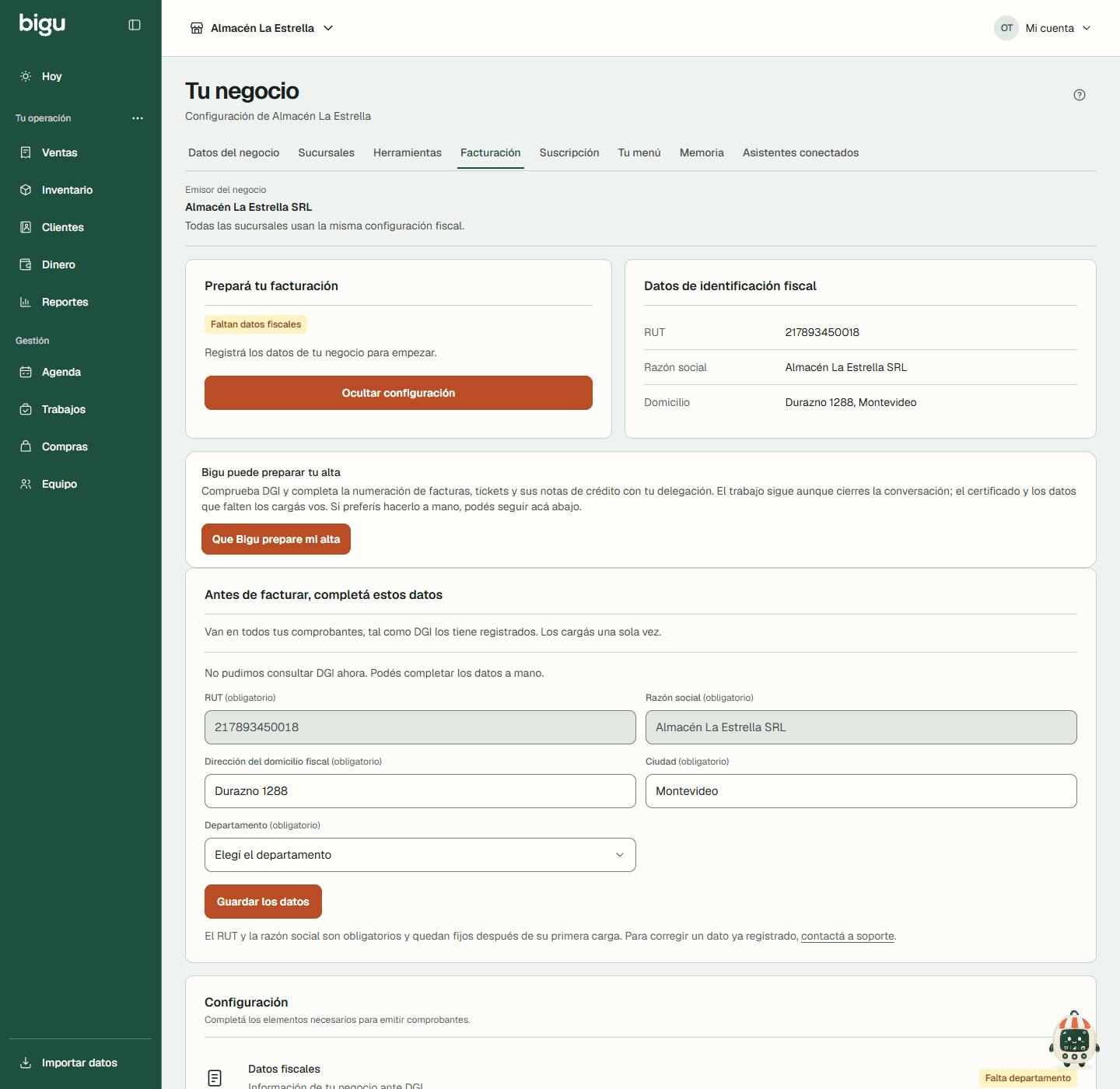 Configuración fiscal con la identidad del emisor, la opción Que Bigu prepare mi alta y el comienzo del formulario de datos fiscales.