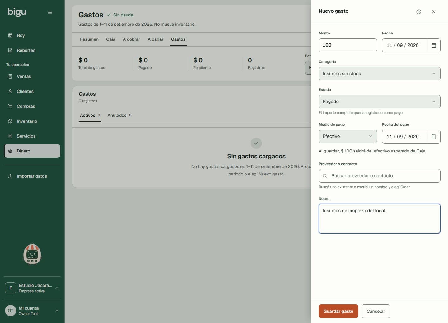 Registro de un gasto con su concepto, importe y estado del pago.
