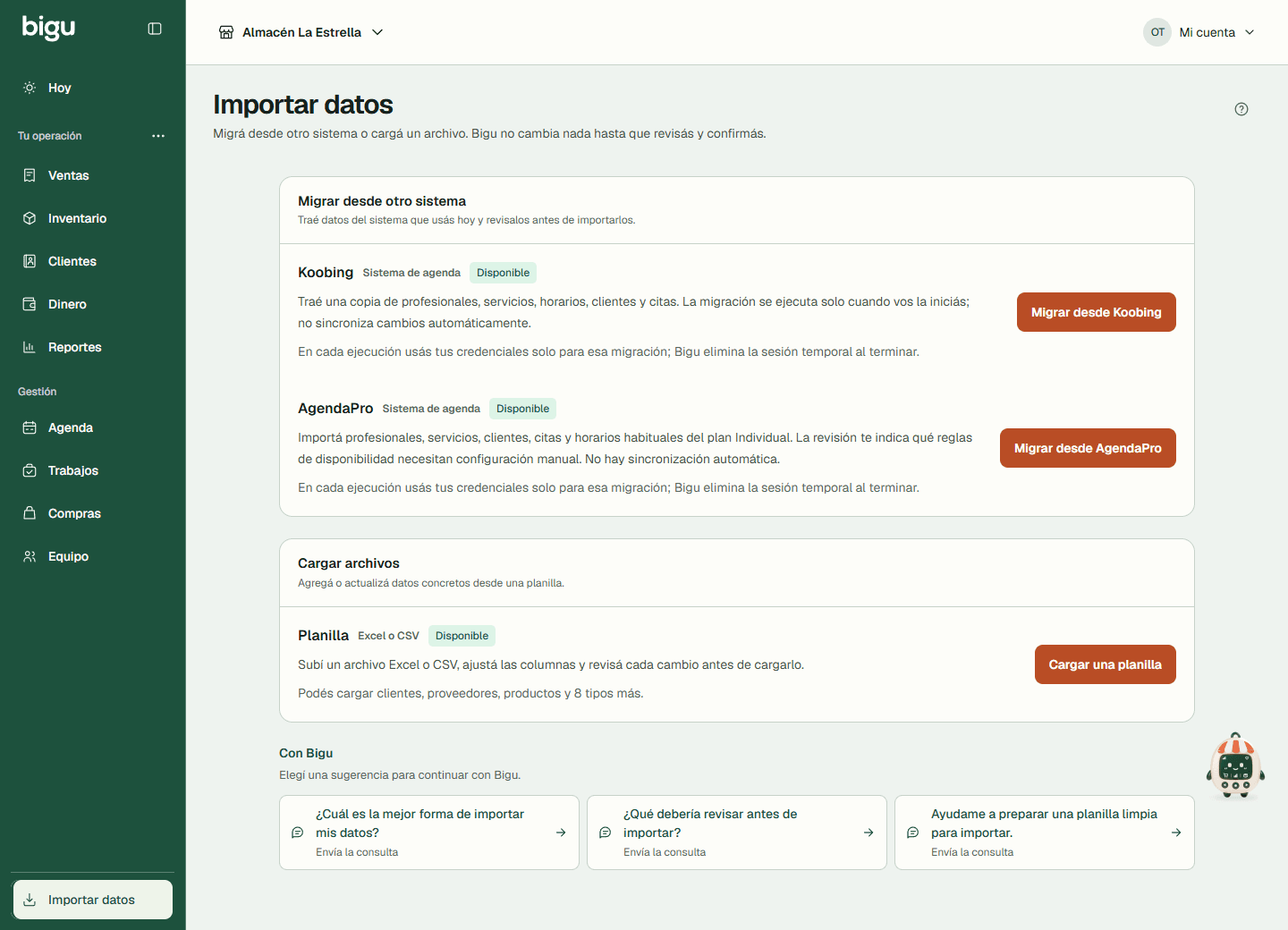 Importar datos permite elegir entre una planilla y las migraciones disponibles.