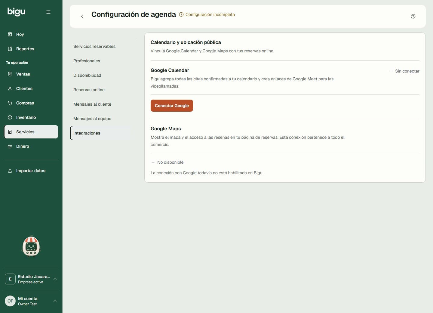 Integraciones de Agenda con la opción para conectar Google Calendar.