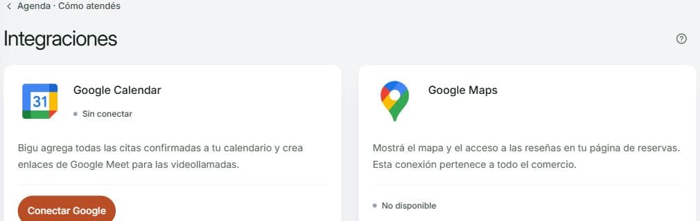 Integraciones de Agenda con Google Calendar sin conectar y la acción Conectar Google.