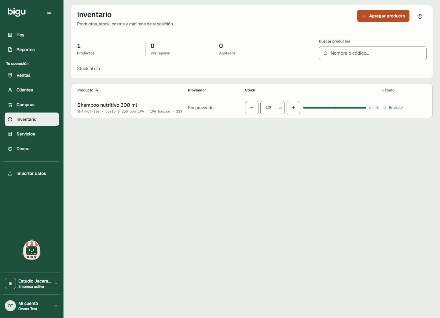 Inventario con productos, existencias, estados de reposición y acceso a Agregar producto.