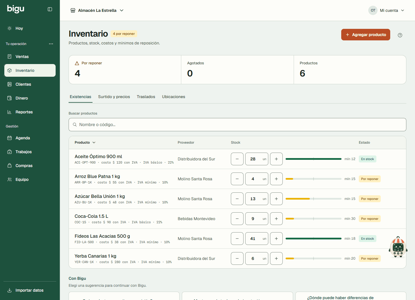 Inventario con productos, existencias, estados de reposición y acceso a Agregar producto.