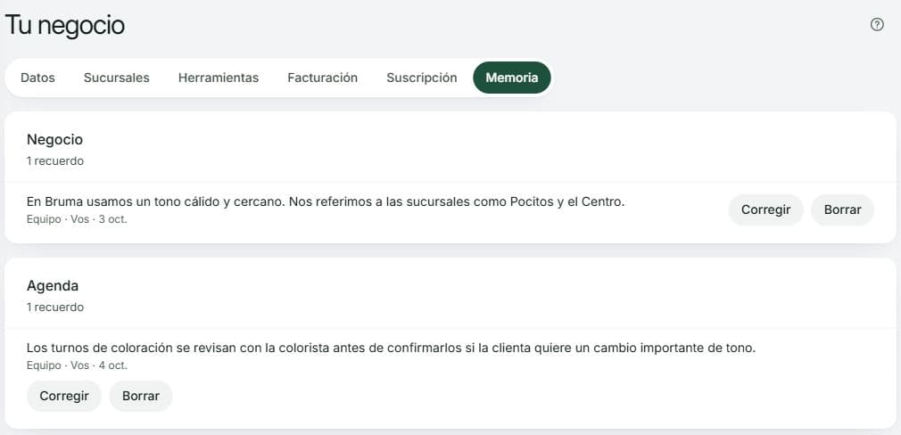 Memoria de Tu negocio con recuerdos de Negocio y Agenda compartidos con el equipo, autor, fecha y acciones Corregir y Borrar.