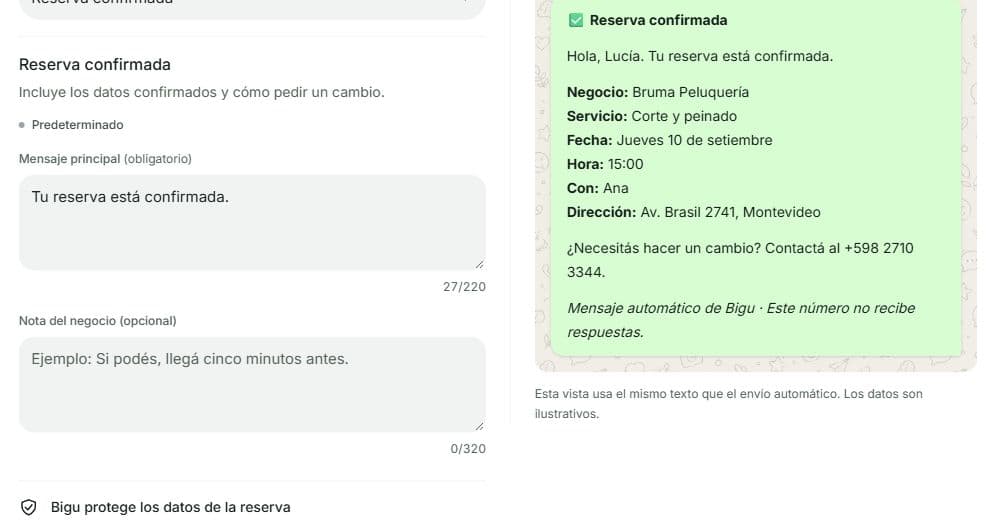 Detalle del editor de Reserva confirmada por WhatsApp: mensaje principal, nota opcional del negocio y vista previa del aviso al cliente.