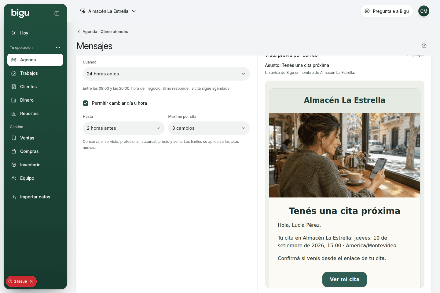 Recordatorio por email con el nombre y la imagen del negocio, los datos de la cita y el botón Ver mi cita.