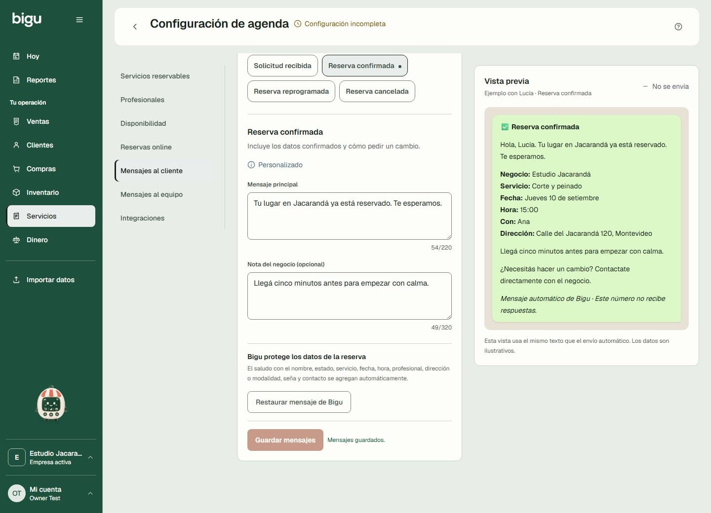Mensajes al cliente permite editar el texto de un escenario y revisar su vista previa.