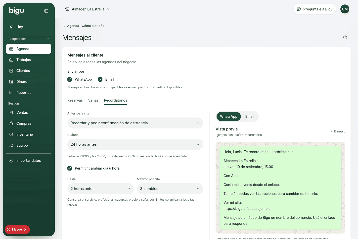 Opciones de Recordatorios con WhatsApp y Email habilitados, confirmación de asistencia, envío 24 horas antes y límites para cambiar el horario.