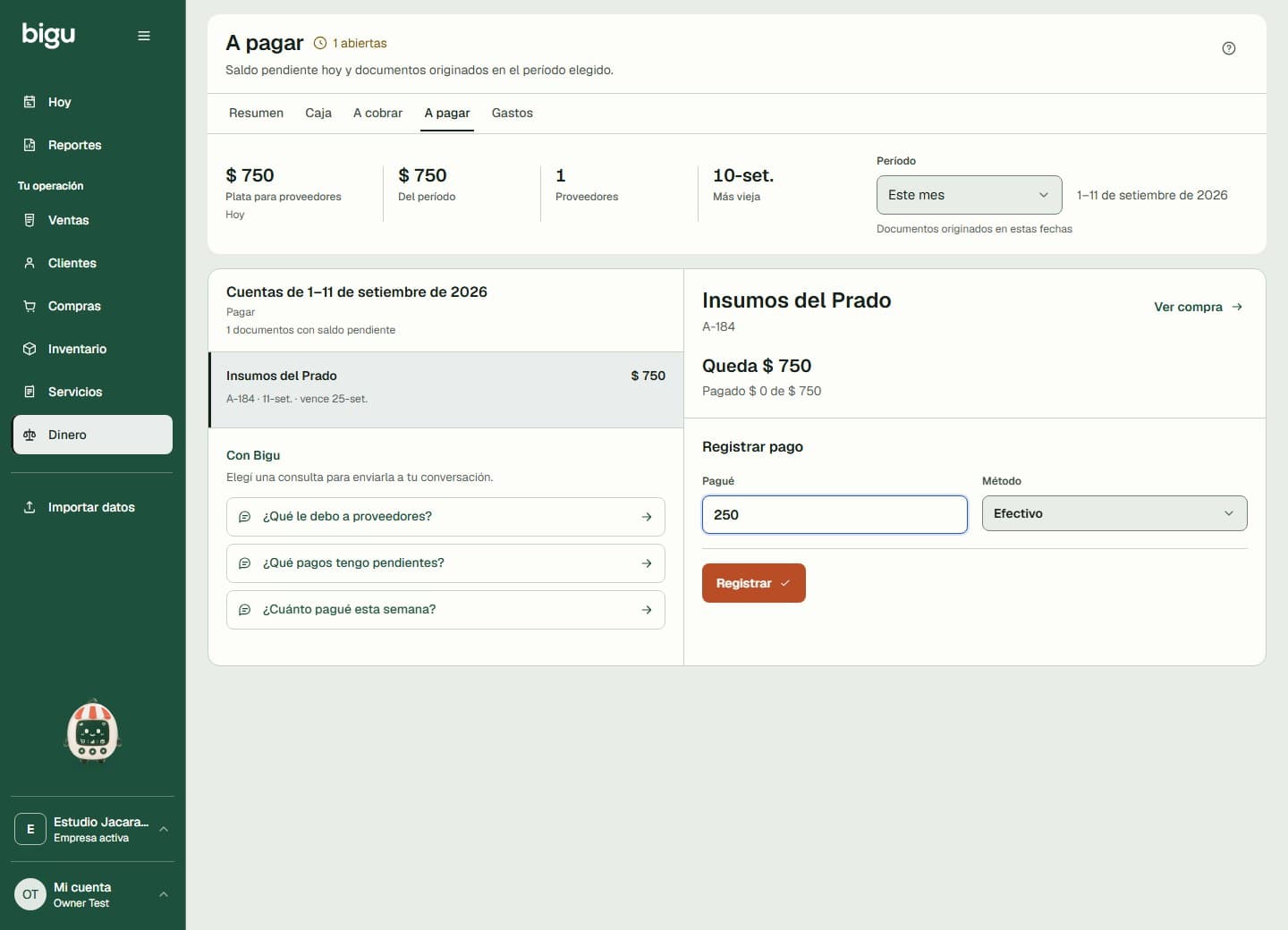 Formulario para registrar un pago parcial a un proveedor.