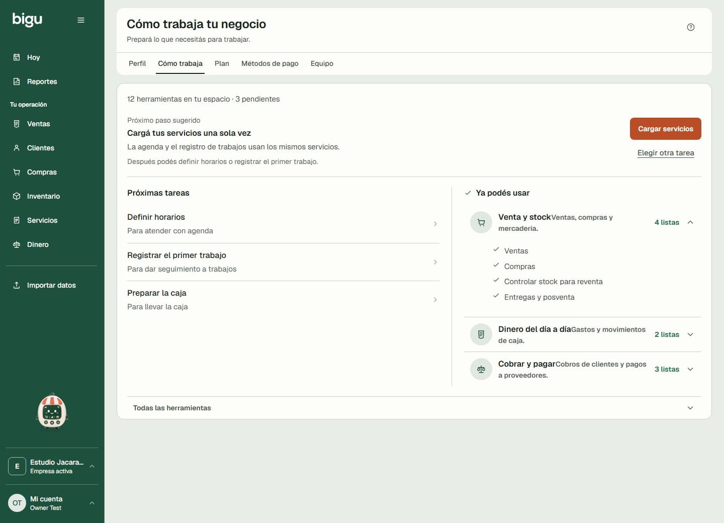 Cómo trabaja muestra la preparación de las herramientas y sus acciones disponibles.