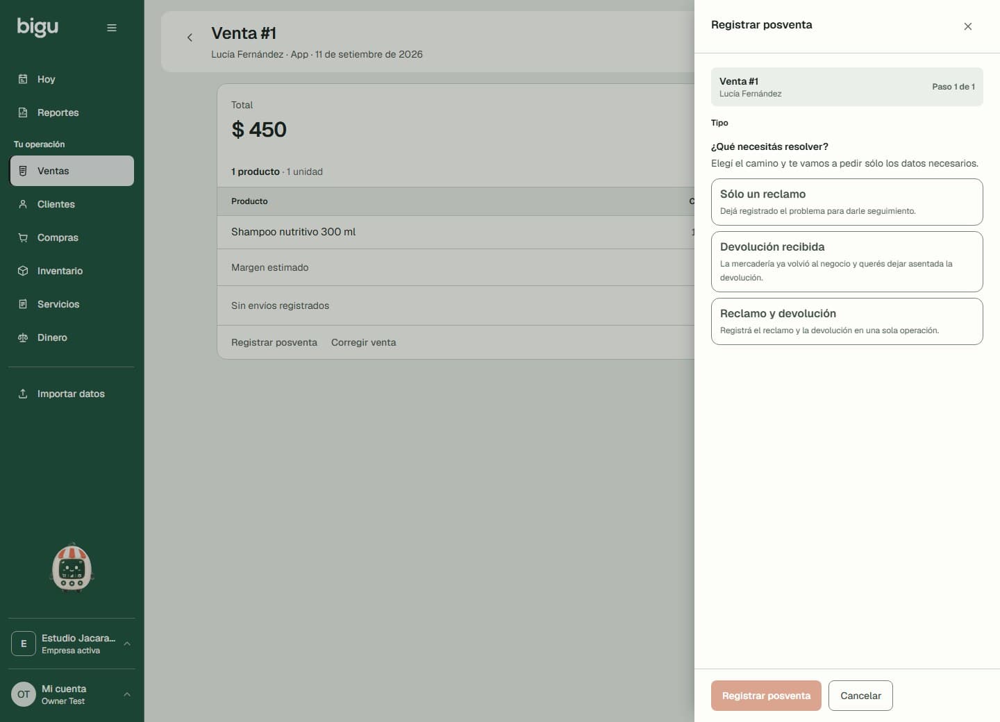 Registrar posventa permite elegir entre reclamo, devolución recibida o ambos.