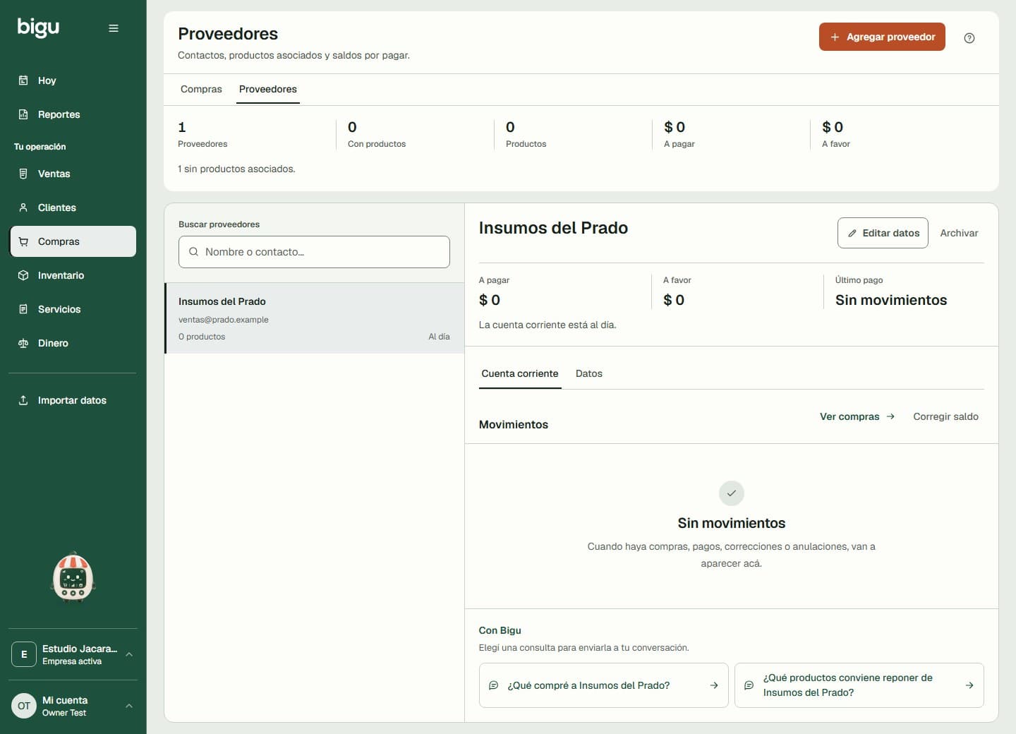 Ficha de proveedor con cuenta corriente, datos de contacto, saldos y acceso a sus compras.
