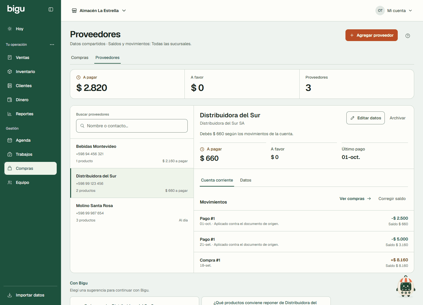 Cuenta corriente del proveedor con compras, pagos, saldo pendiente y acceso a Ver compras.