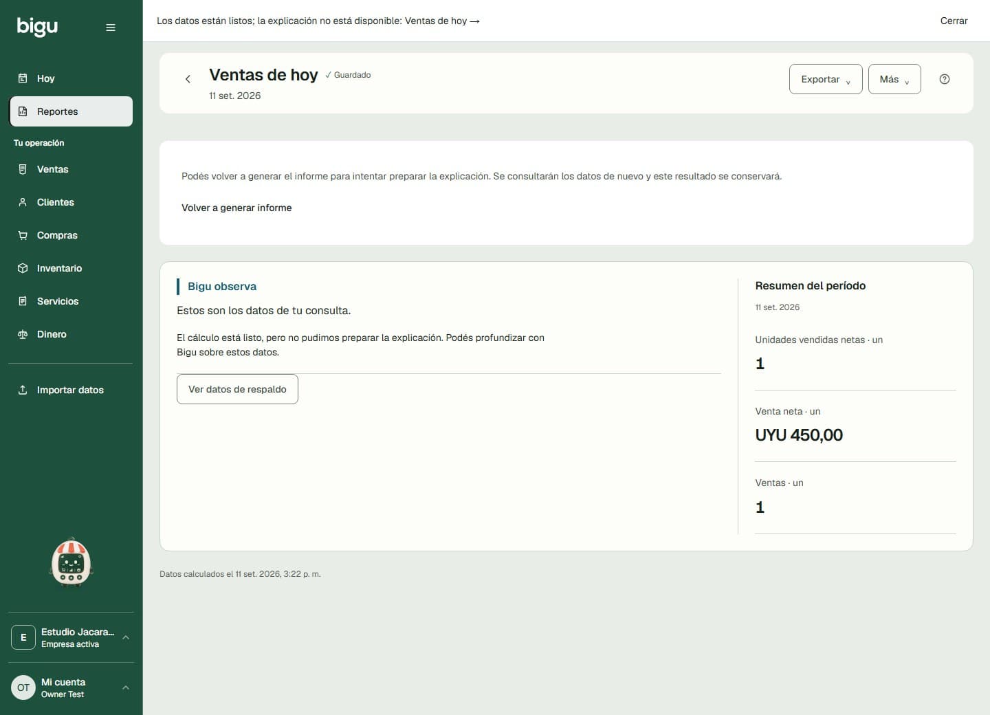 Resultado de un reporte con período, datos de respaldo y acciones para guardar, actualizar o exportar.
