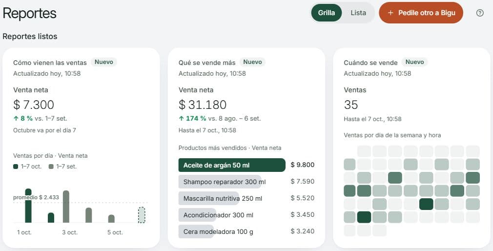 Reportes listos en grilla con gráficos de evolución de ventas, productos más vendidos y ventas por día y hora, junto a Pedile otro a Bigu.