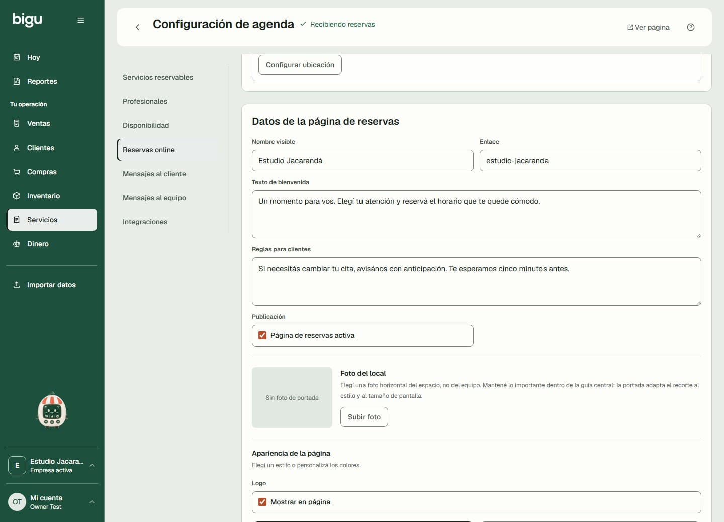 Reservas online permite configurar el enlace, la presentación y la publicación de la página.