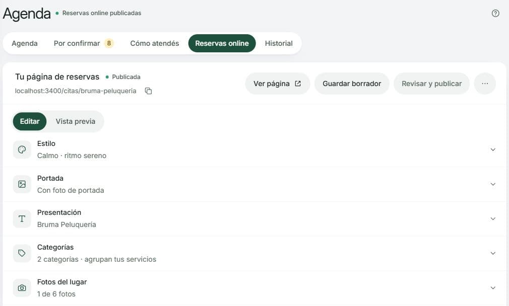 Editor de Reservas online con Estilo, Portada, Presentación, Categorías y Fotos del lugar, además de Guardar borrador y Revisar y publicar.