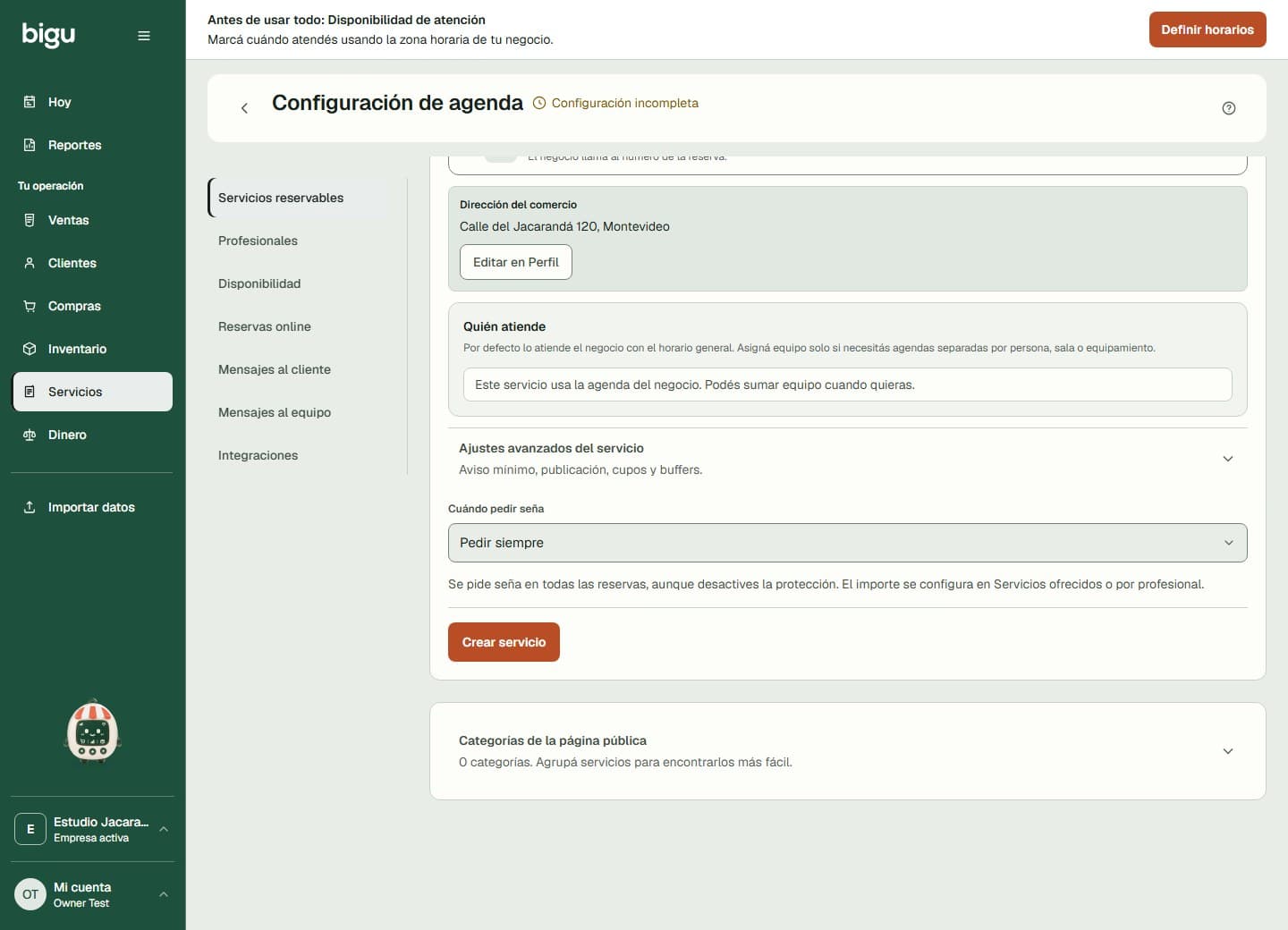 Configuración de un servicio reservable con la condición Pedir siempre una seña.