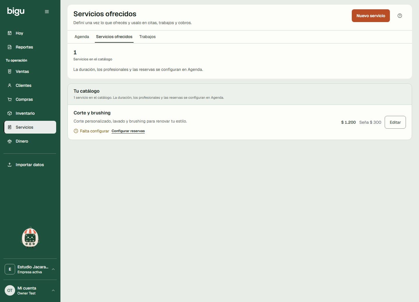 Servicios ofrecidos reúne el catálogo y la navegación hacia Agenda y Trabajos.