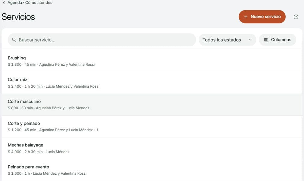 Lista de servicios de peluquería con sus precios, duración y profesionales que atienden.