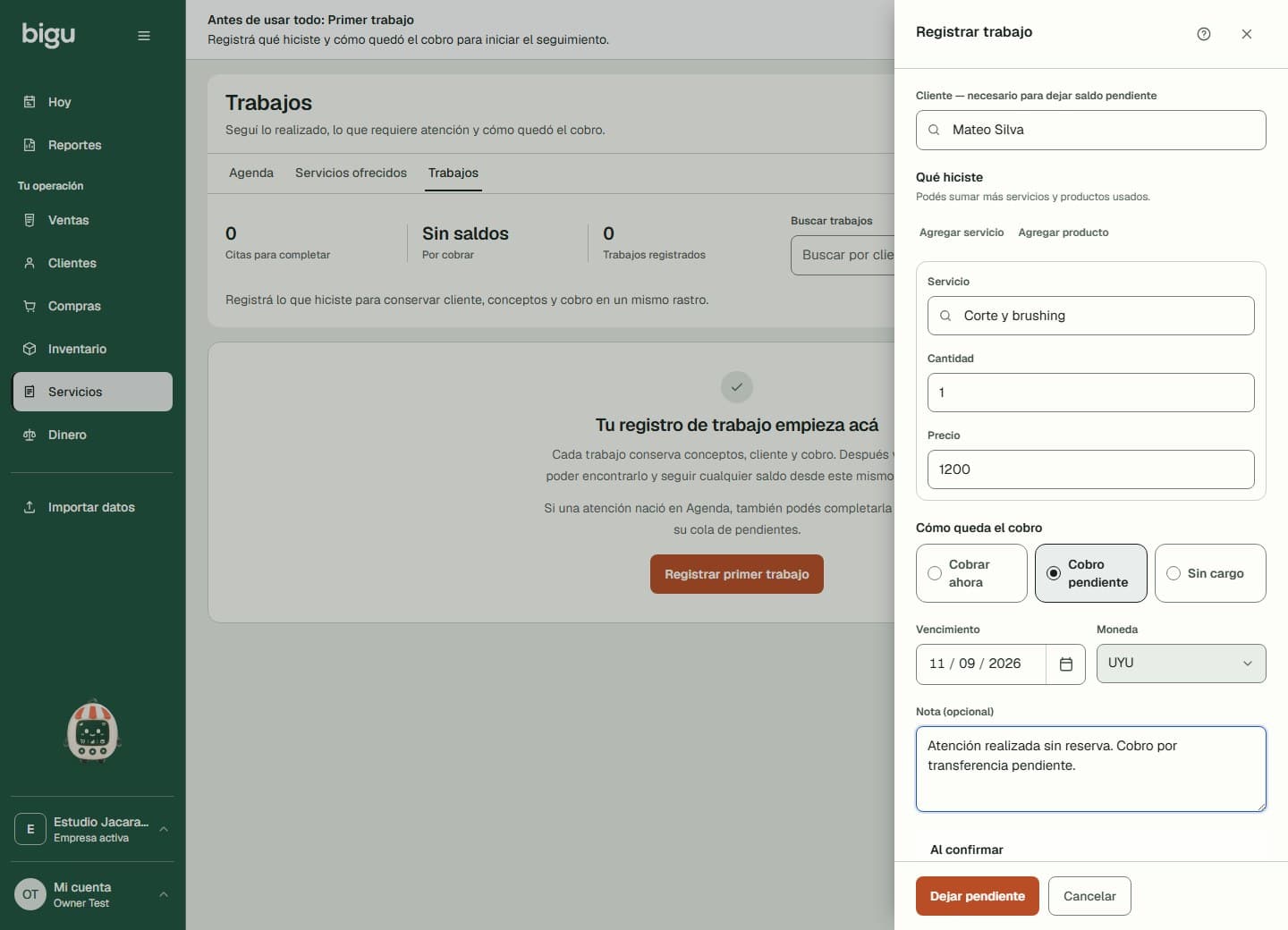 Registro de un trabajo con cliente, conceptos e importe pendiente de cobro.